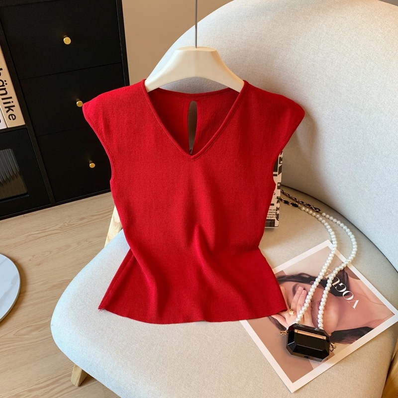 Xiaofei スリーブニット半袖 Tシャツ女性の夏 2025 新しいスタイル背中中空巾着ハイエンドスリムショートトップ|undefined
