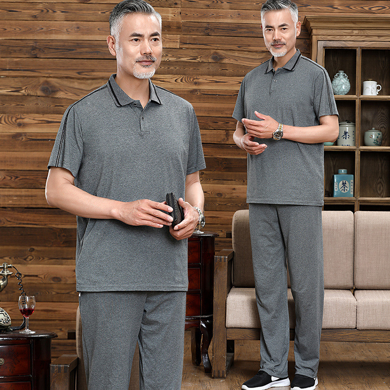 Verano nuevo estilo traje deportivo de mediana edad y ancianos pantalones de manga corta para hombre camiseta cuello redondo vestido de papá ropa casual traje delgado