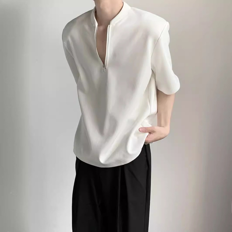 Small High Collar Design Sense Half Zipper Pad Shoulder T-shirt Men's High Cold Abstinence Loose Short-sleeved Top V-neck Henry Trendy Shirt