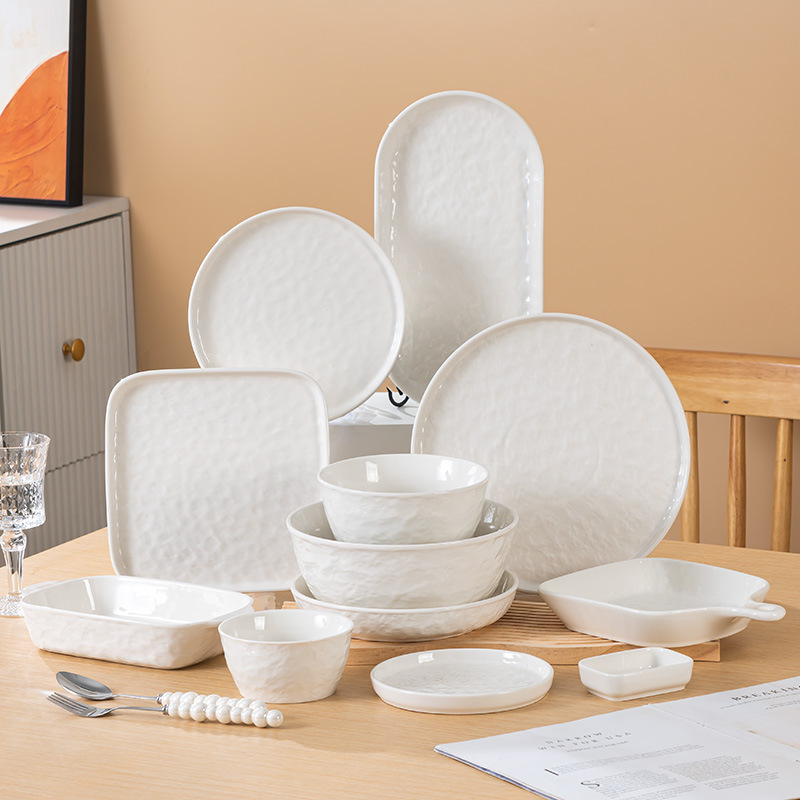 Dishes and Dishes Set Household Light Luxury Rice Bowl Housewarming Bowl White Underglaze Ceramic Tableware Plate Soup Bowl Dinner Plate