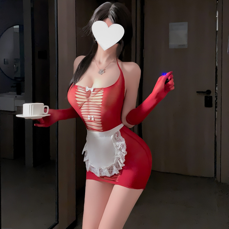 Sexy Lingerie with Tear-Off Design, Revealing Chest, Maid Net Dress Uniform Set, See-Through, Teasing, Open-Crotch, Seductive, Erotic Clothing for Women