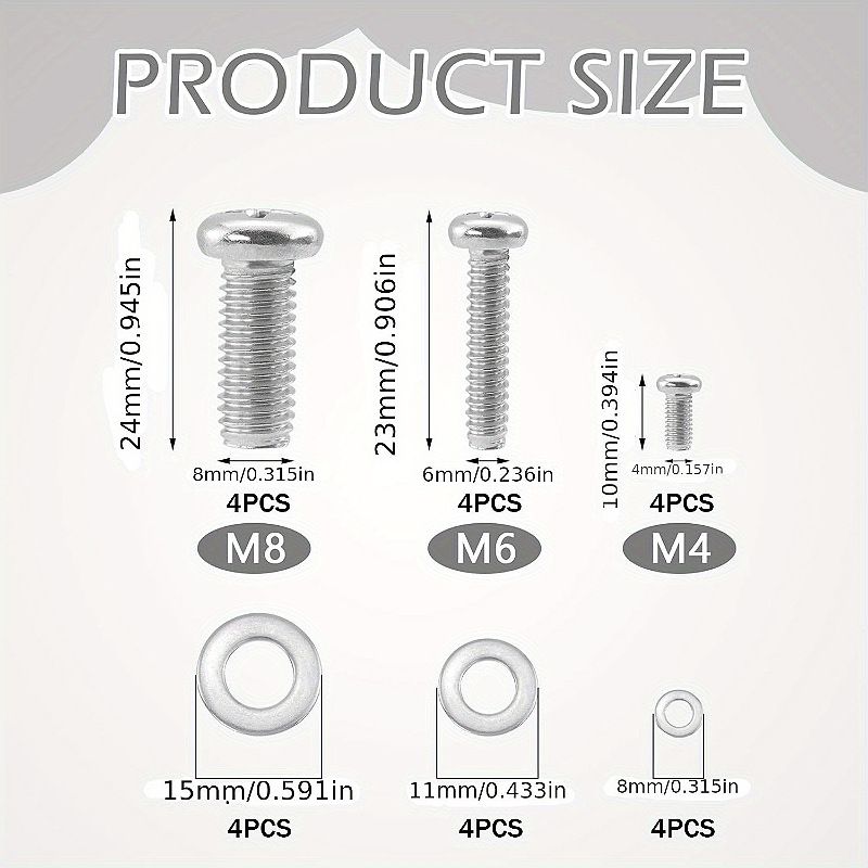 24件通用电视支架面板螺丝安装硬件套件M4M6M8不锈钢螺丝带平垫圈