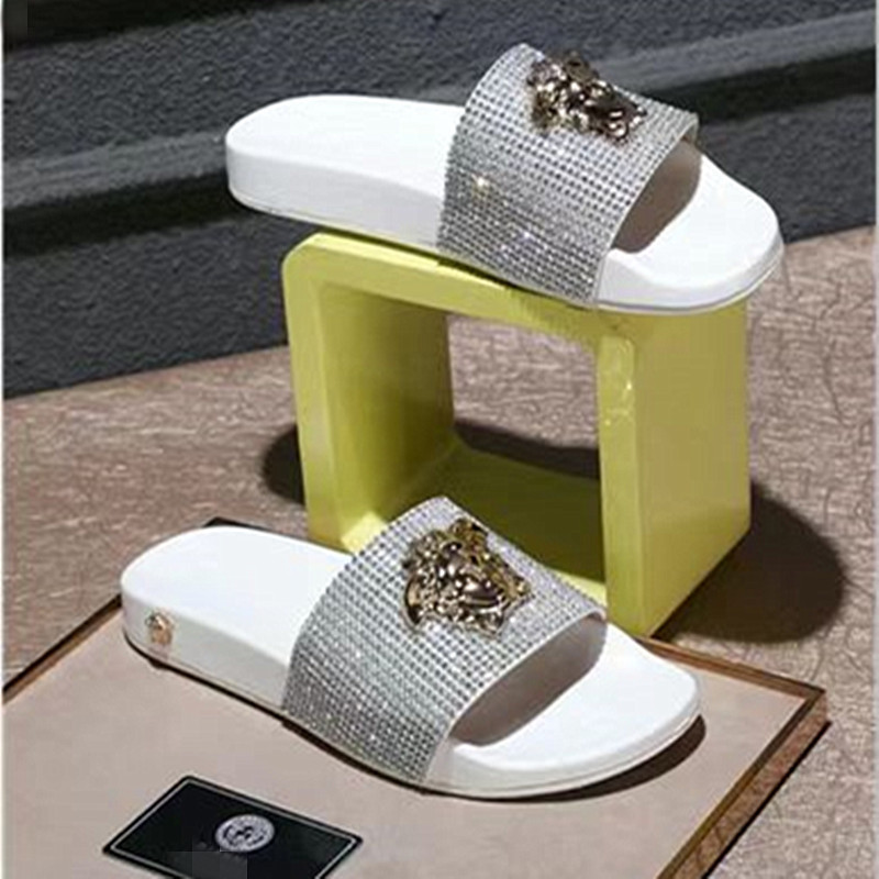 Cambodia Vietnam Nigeria Czech Rhinestone Slippers 2025 Summer Metal Beauty Head Flat Open-Toe Sandals