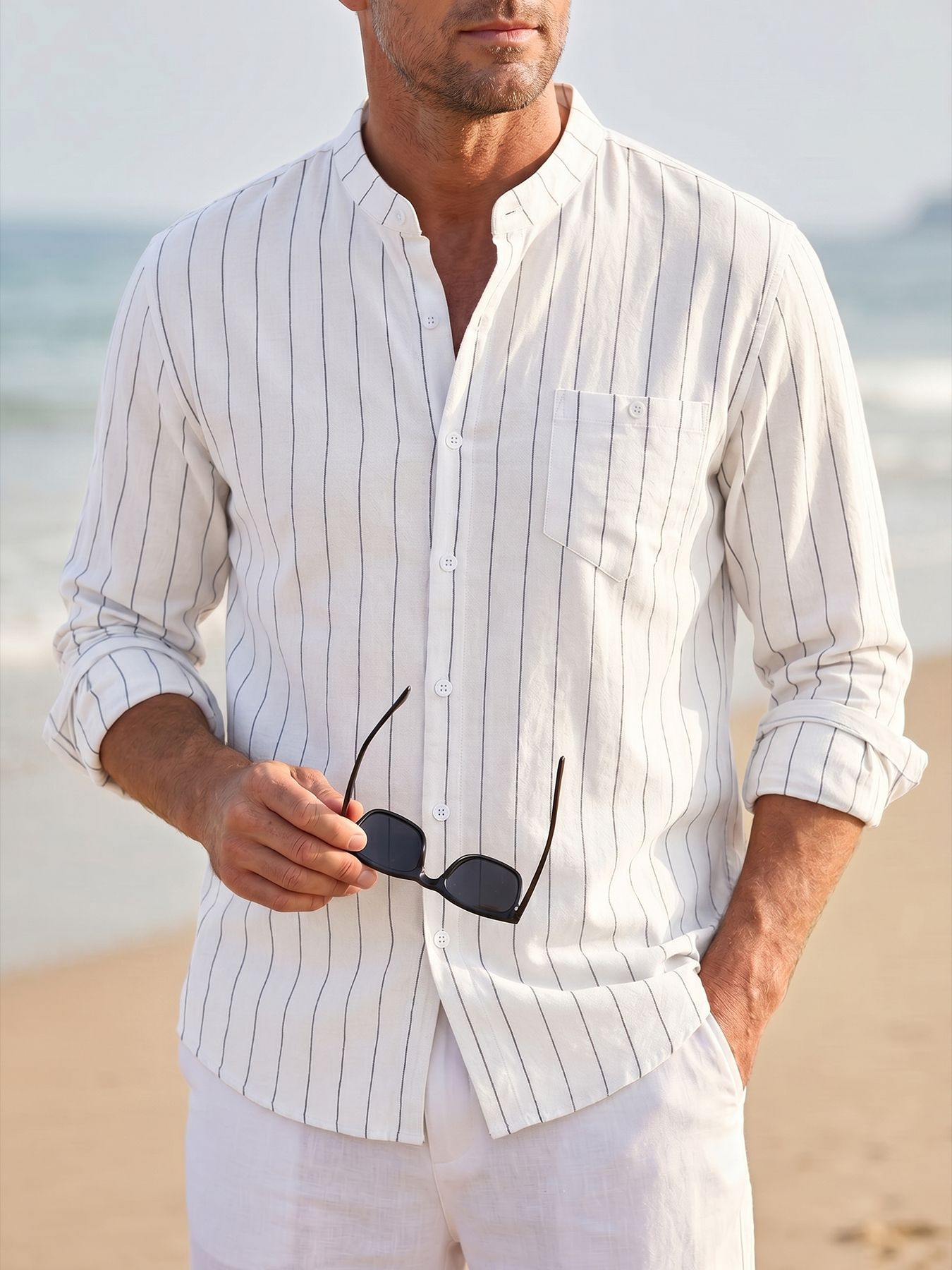 Transfronterizos primavera y verano estadounidenses con rayas de lino relajadas, cuello de manga larga, hombre de secado rápido, camisa transpirable americana grande