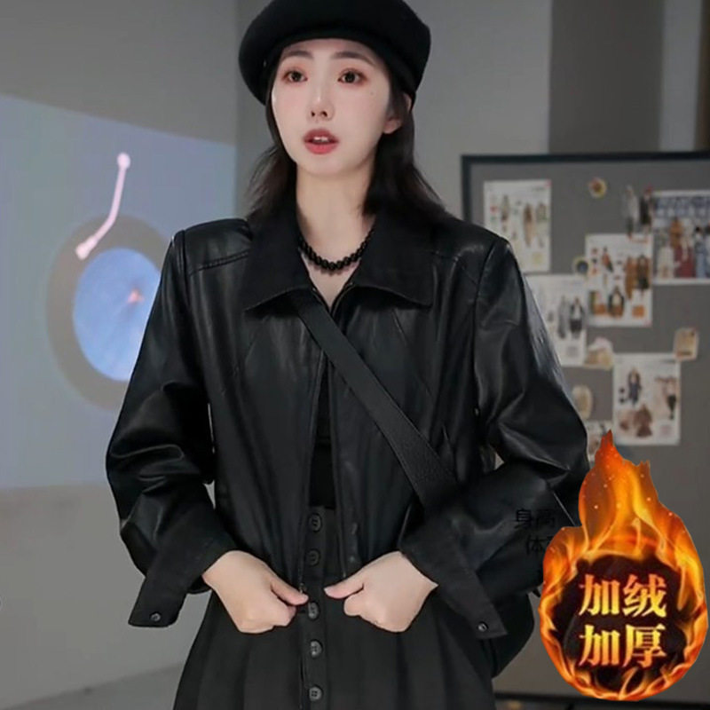 Áo khoác da PU dáng ngắn cổ bẻ nữ phong cách cá tính — màu cà phê, đen, Lông cừu đen, Màu cà phê với fleece