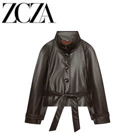ZCZA 自制 欧美风 新款女装 皮革效果垫肩风衣式夹克外套4391705