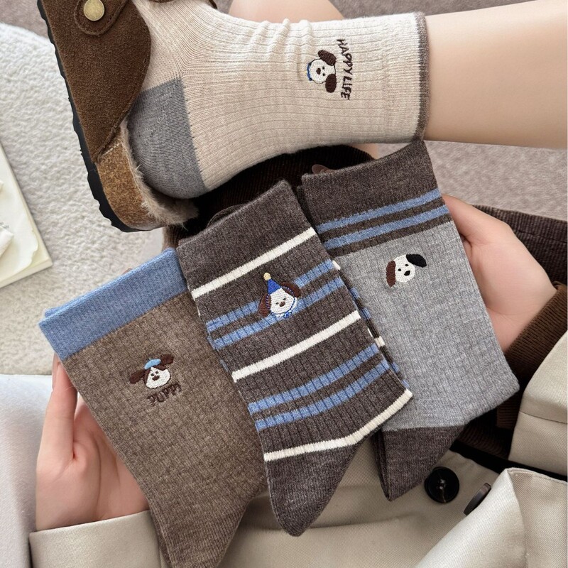 Spring and Autumn Cartoon Embroidered Wool Socks for Women, Thickened, Trendy Ins-Style, Japanese-Style, Coffee Color, Melard Warm Mid-Tube Slouch Socks