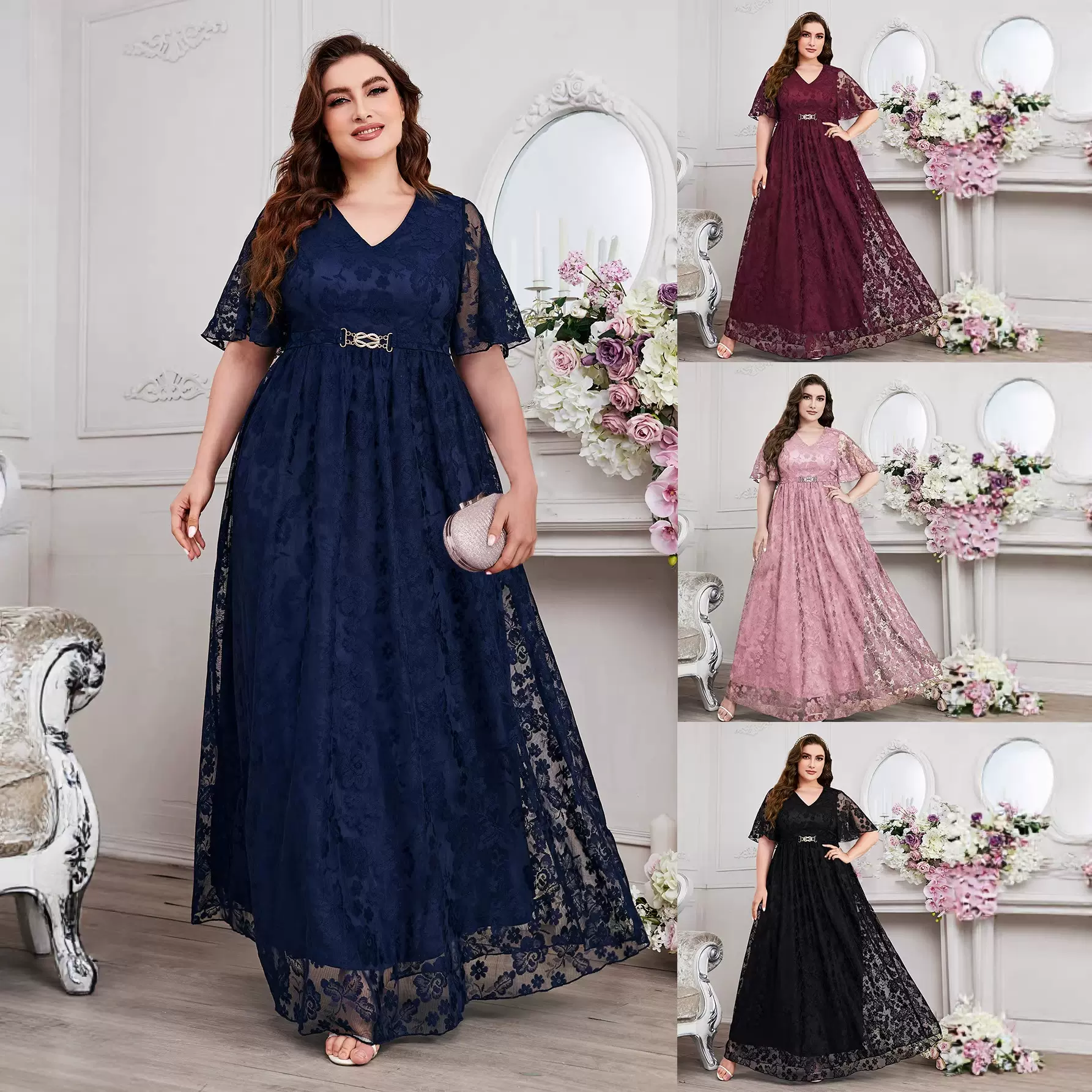 亚马逊欧美大码女装时尚优雅伴娘蕾丝连衣裙V领大裙摆独立站跨境