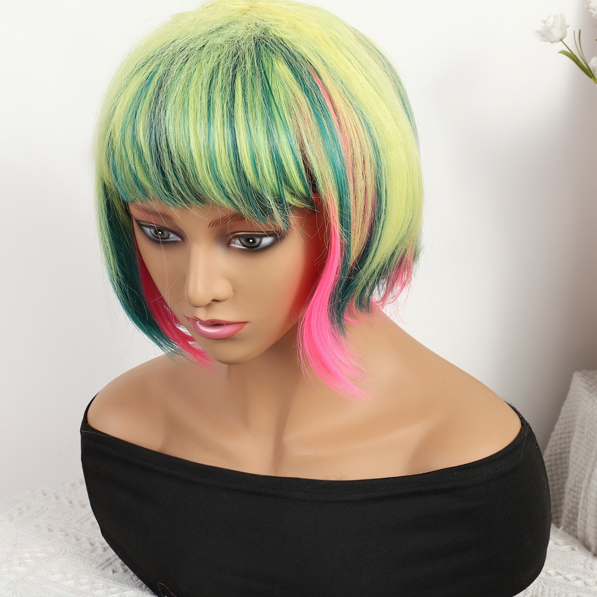 Transfronterizo nuevo verde gradiente largo recto 12 pulgadas sin encaje pelo recto europeo y brasileño peluca