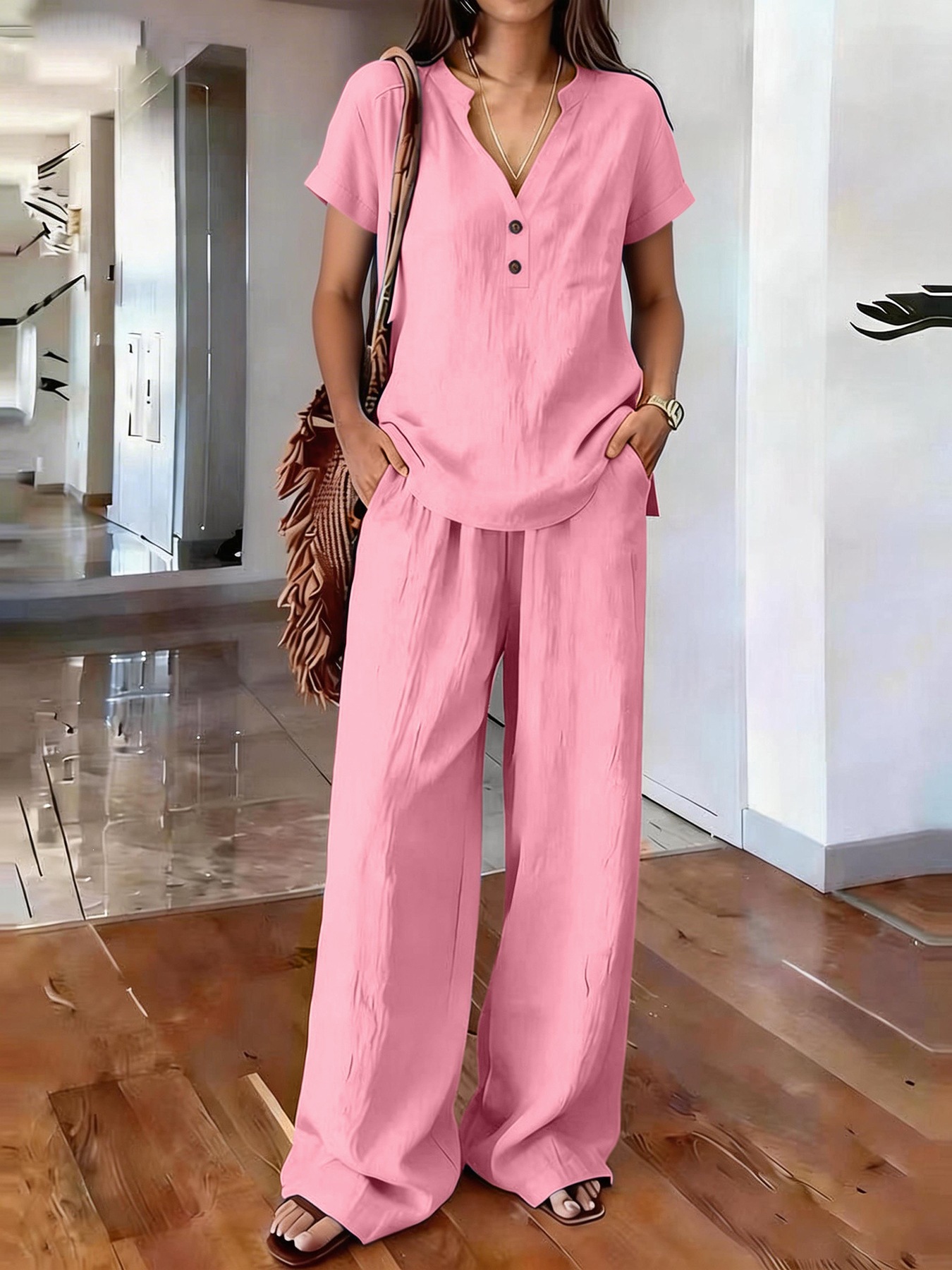 Women's Clothing Women's Casual Cotton Linen Top And Wide Leg Pants Set V Neck Button Up Old Money Style Solid Color_ecoleips.com