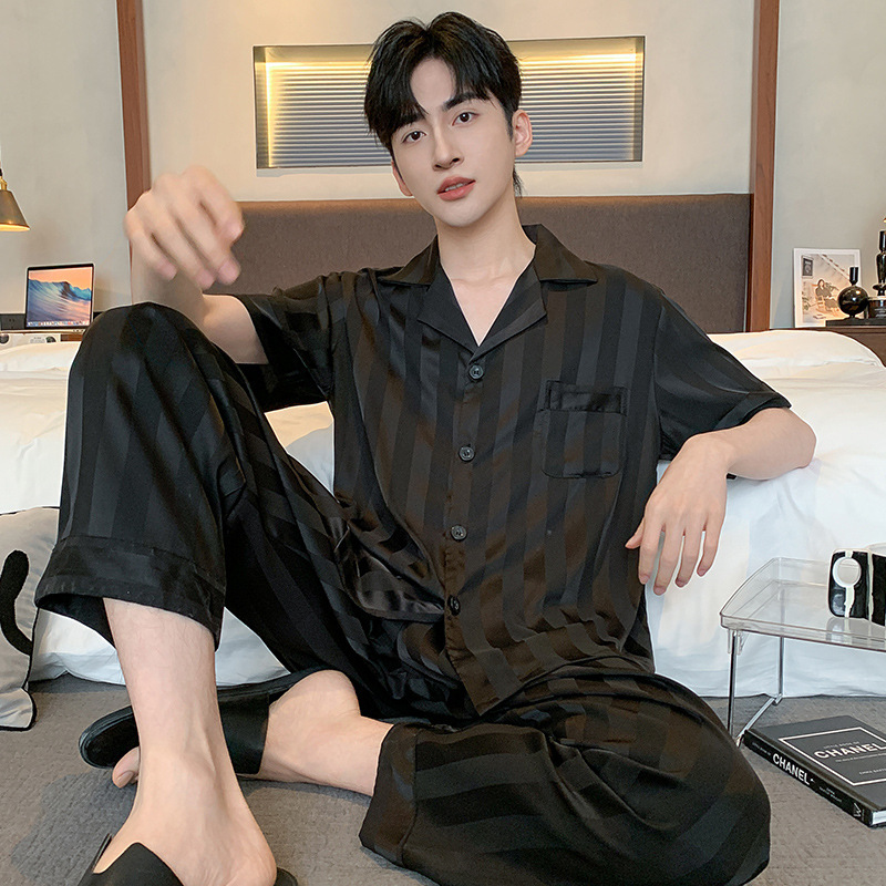 Men's Summer Ice Silk Pajamas, Plus Size, Loose Fit, 2026 New Style, Short-Sleeved Long Pants Set, Thin Version Men's Summer Ice Silk Pajamas, Plus Size, Loose Fit, 2026 New Style, Short-Sleeved Long Pants Set, Thin Version