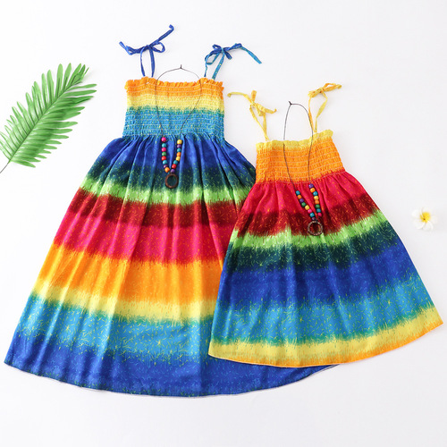 Summer Cotton Satin Parent-Child Dress Bohemian Children's Tank Dress Mother and Daughter Vacation for Older Children Princess Dress
