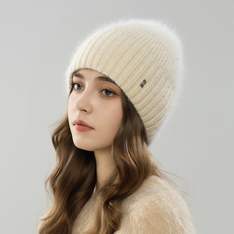 Mũ len beanie nữ lông thỏ dệt kim ấm áp mùa thu đông — màu be
