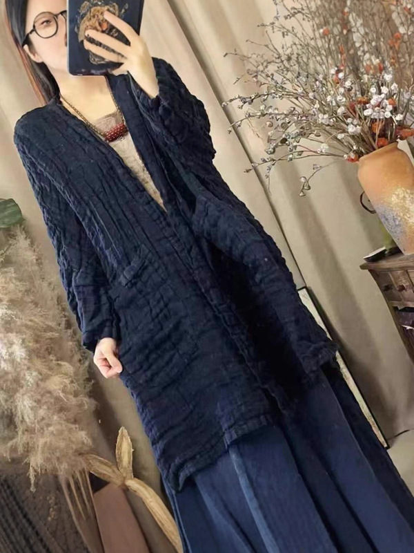 爆款秋装高端肌理亚麻开衫女装复古文艺宽松时尚纯色大开衫|undefined