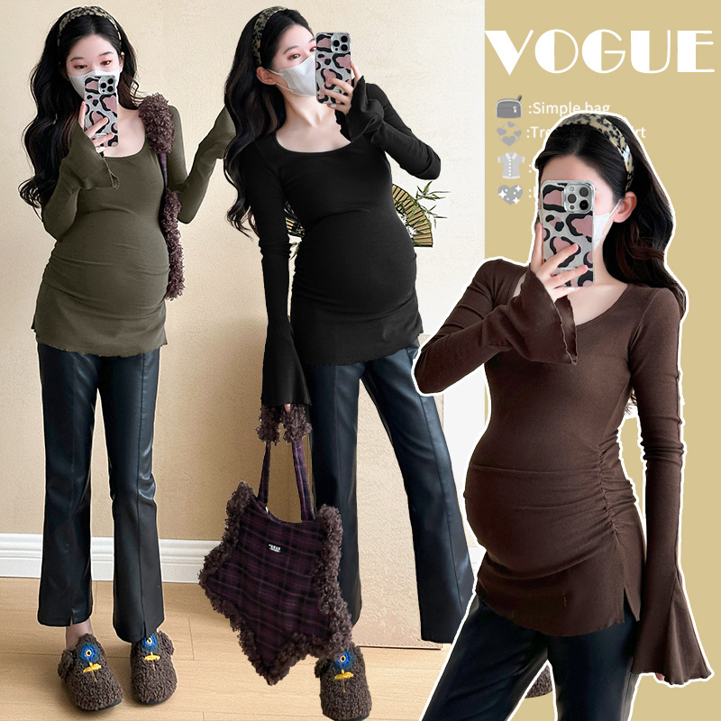 In-Stock Real Photos ~ Autumn and Winter Maternity Versatile Slim-Fit Elegant Square Neck Flared Sleeve Trendy Mom Ruched Base Shirt