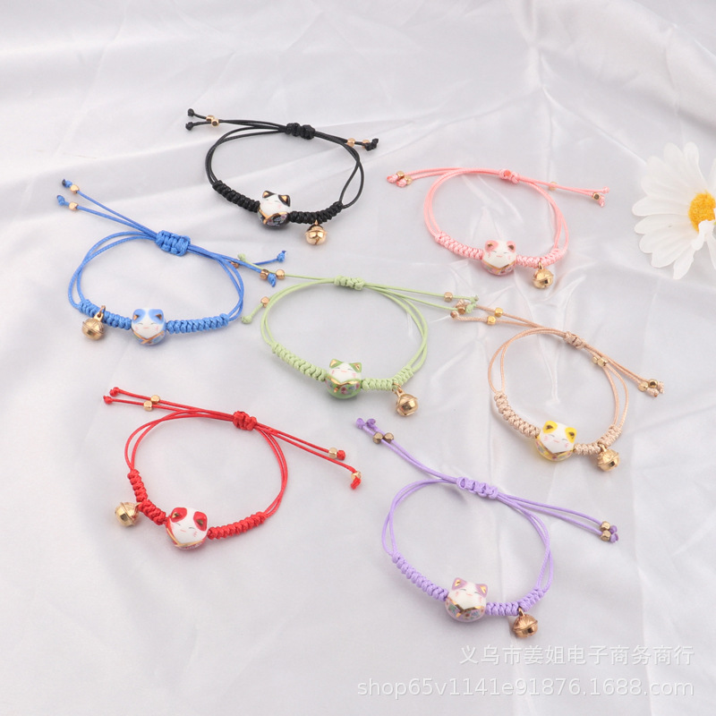 New Colorful Bell Lucky Cat Candy Color Woven Bracelet Cross-Border Aliexpress Supply Female Small Fresh Bracelet Batch
