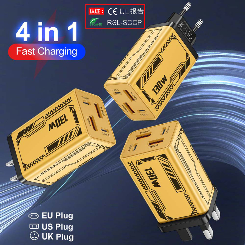 Standard 130W 4-Port 2Usb+2Pd Mobile Phone Power Adapter European, American and British Plug Wall Charger