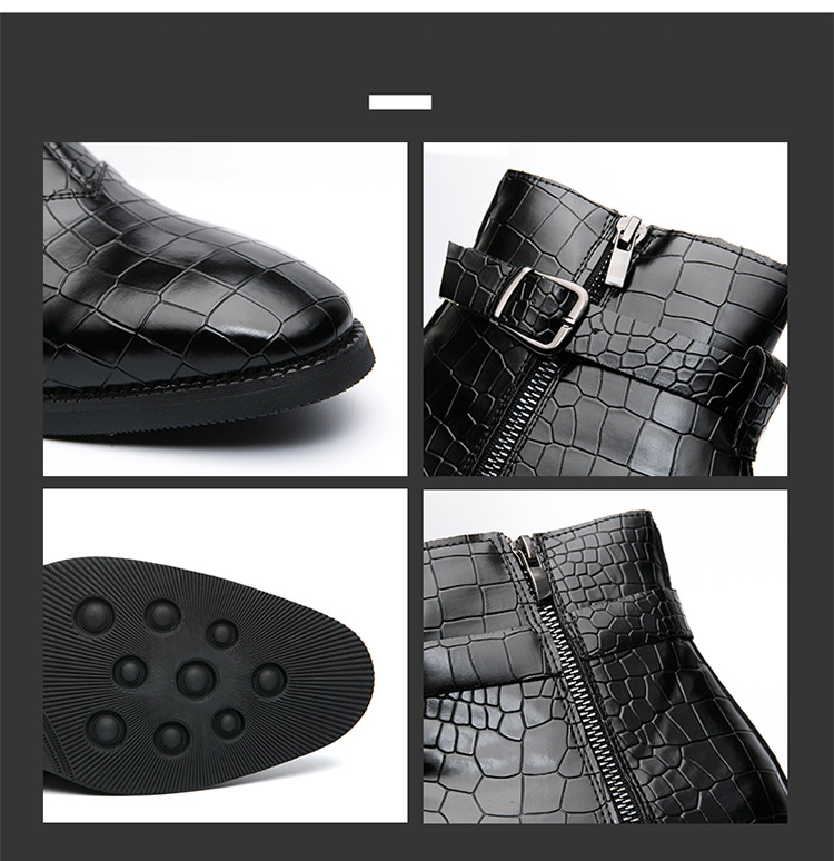 Pointed toe men's leather boots with crocodile pattern leather shoes