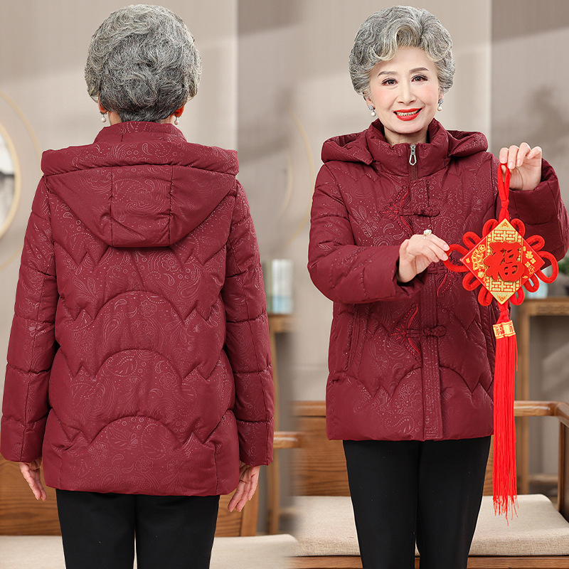 中老年人奶奶冬装新连帽外套加绒加厚款羽绒棉服羽绒妈妈保暖棉衣