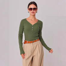 跨境欧美独立站2025V领细罗纹女T恤高级感时尚修身显瘦打底上衣