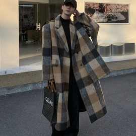冬装男女加厚毛呢风衣美拉德格纹自带围巾夹棉中长款呢子大衣
