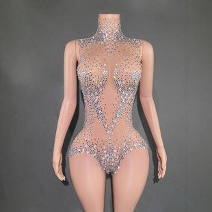 New European and American Sexy Nightclub Bar Stage Dj Performance Outfit Shiny Rhinestone Jumpsuit Hot Rhinestone Shorts