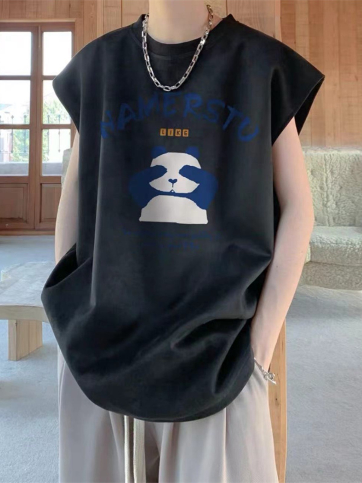 Sleeveless T-shirt men's fashionable summer thin loose waistcoat men's sports fitness basketball vest men's men's round neck