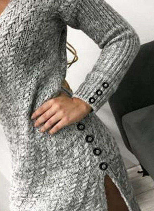 Knit V-Neck Slim Tight-Fitting Solid Color Split Sweater Dress NSPZN105089