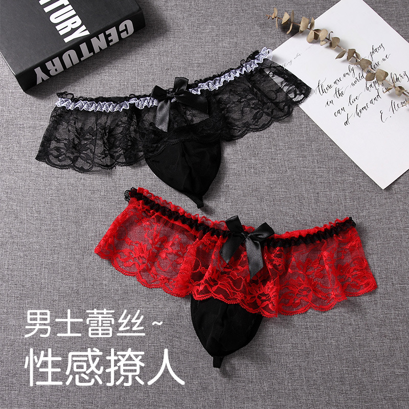 Gay Cross-Dresser Erotic Underwear Lace Mesh Transparent Temptation Men's Sexy Thong Underwear G39