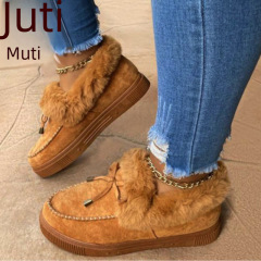 2021 Juti Autumn/Winter New Arrival: Wish-Style European & American Design, Fringed Flat-Heel Plus-Size Women's Shoes with Stitched Details—Feminine Ethnic-Inspired Cotton Boots