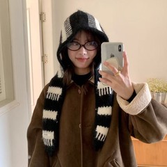 可爱兔耳朵针织毛线帽女秋冬韩系氛围感黑白条纹保暖围脖一体帽子
