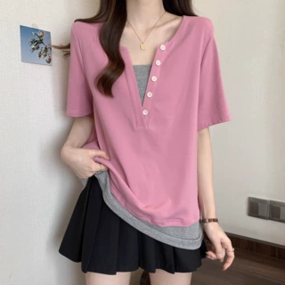 大码女装假两件正肩打底女2025夏季新款胖mm拼接显瘦遮肉短袖上衣