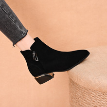 磨砂短靴女粗跟中跟2024新款冬季加绒女鞋绒面皮鞋羊皮瘦瘦靴