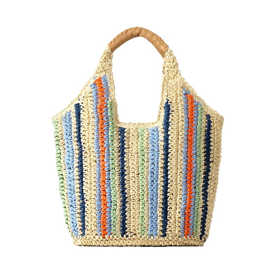 Lässige, farbenfrohe, gestreifte Strohtasche für Damen, großes Fassungsvermögen, Sommer-Strandhandtasche, neues Design_voghion.com