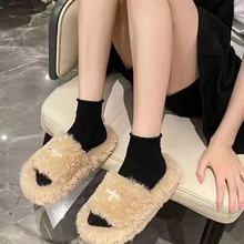 毛毛拖鞋女外穿厚底防滑室内秋冬时尚高级感毛茸茸保暖月子棉拖鞋