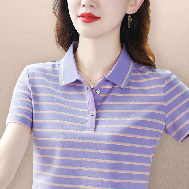 Pure Cotton Women's Short-Sleeve Striped T-Shirt for Middle-Aged Moms, 2026 New Summer Style, Age-Reducing and Slimming Collared Polo Shirt Trend Pure Cotton Women's Short-Sleeve Striped T-Shirt for Middle-Aged Moms, 2026 New Summer Style, Age-Reducing and Slimming Collared Polo Shirt Trend