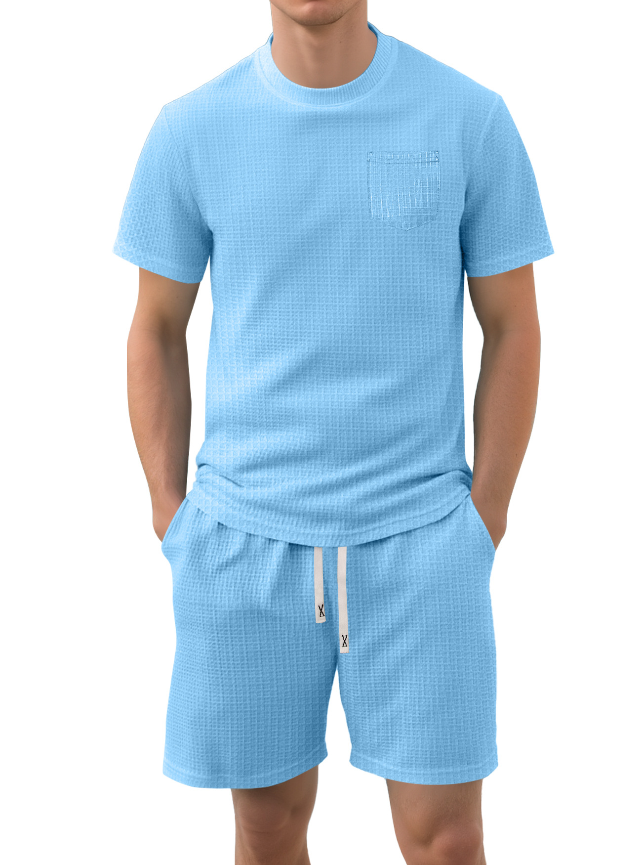 Nuevo transfronterizo Europa y América Amazon verano nuevo producto de hombre delgado waffle casual deportivo de manga corta set de pantalones cortos