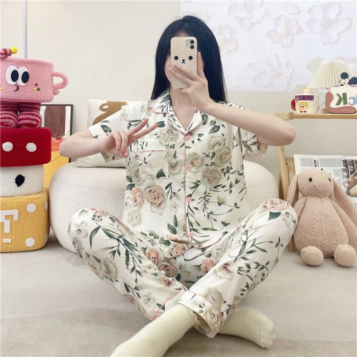 Pijamas transfronterizos al por mayor para mujer nube algodón otoño verano rebeca solapa pantalones de manga corta traje de servicio a domicilio simple y cómodo