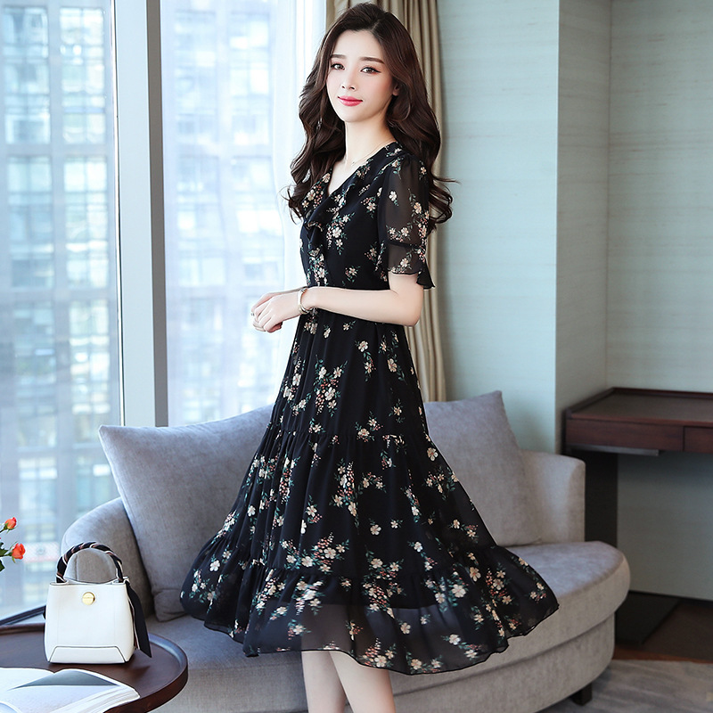 인형 칼라 블랙 플로랄 미디 원피스 러플 슬리브 우아한 쉬폰 원피스 리얼 샷 여름 새로운 루즈 슬림