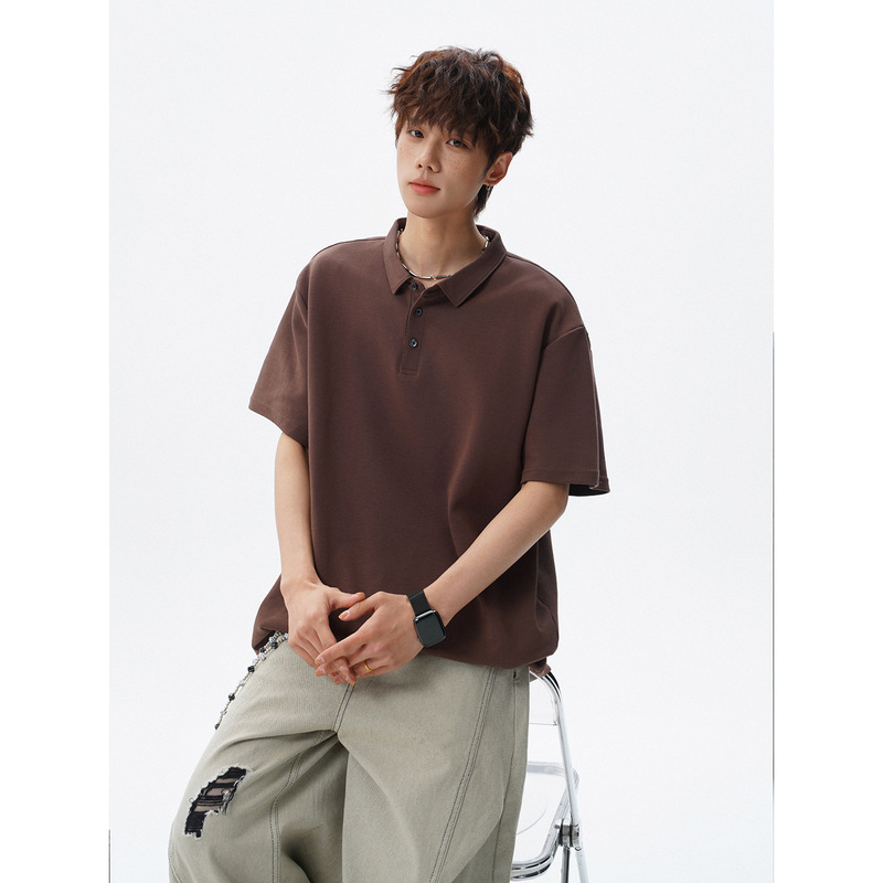 Dx360 American Simple Style Brown Polo Shirt T-Shirt Men's Summer Trendy Brand Loose Lapel Short-Sleeved Casual Sports T-Shirt