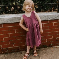 Girls' Cotton Linen Dress 2023 Summer New Style Trendy Plum Sauce Front-Back Wear V-Neck Sleeveless Princess Dress
