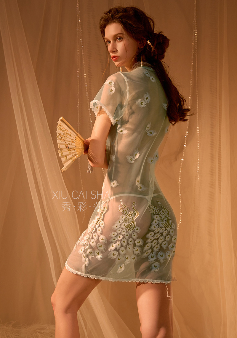 Phoenix Embroidered See-Through Cheongsam-Style Lingerie Set, Blue Lace, One Size — detail image 30