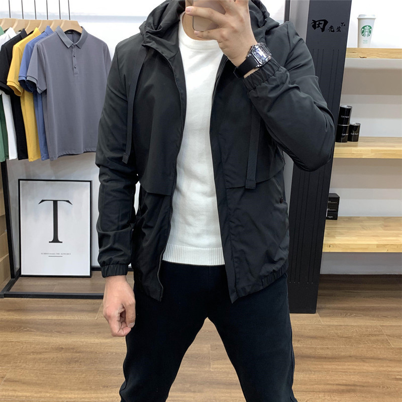 New Spring/Autumn Solid Color Workwear Casual Jacket for Men, Trendy Korean Style Hooded Versatile Slim Fit Jacket for Teenagers