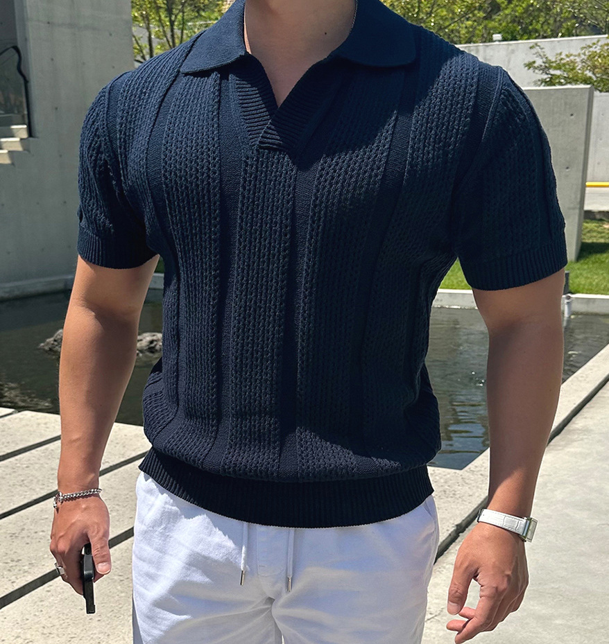 스택 칼라 중공 니트 폴로 셔츠 네이비 블루