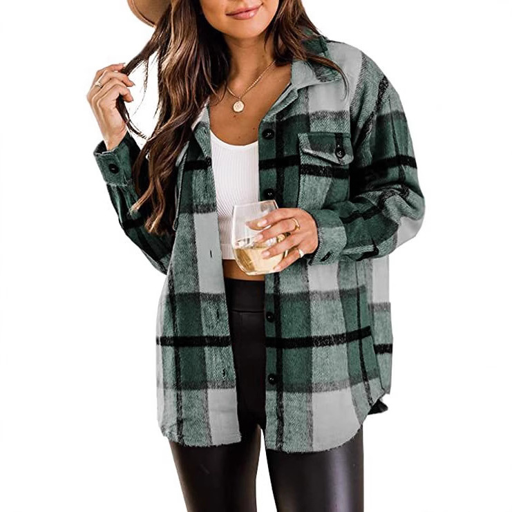 Women's Clothing Plaid Shirt American Style Long Sleeved Collared Loose Fit Mid Length Coat For Autumn Winter_ecoleips.com