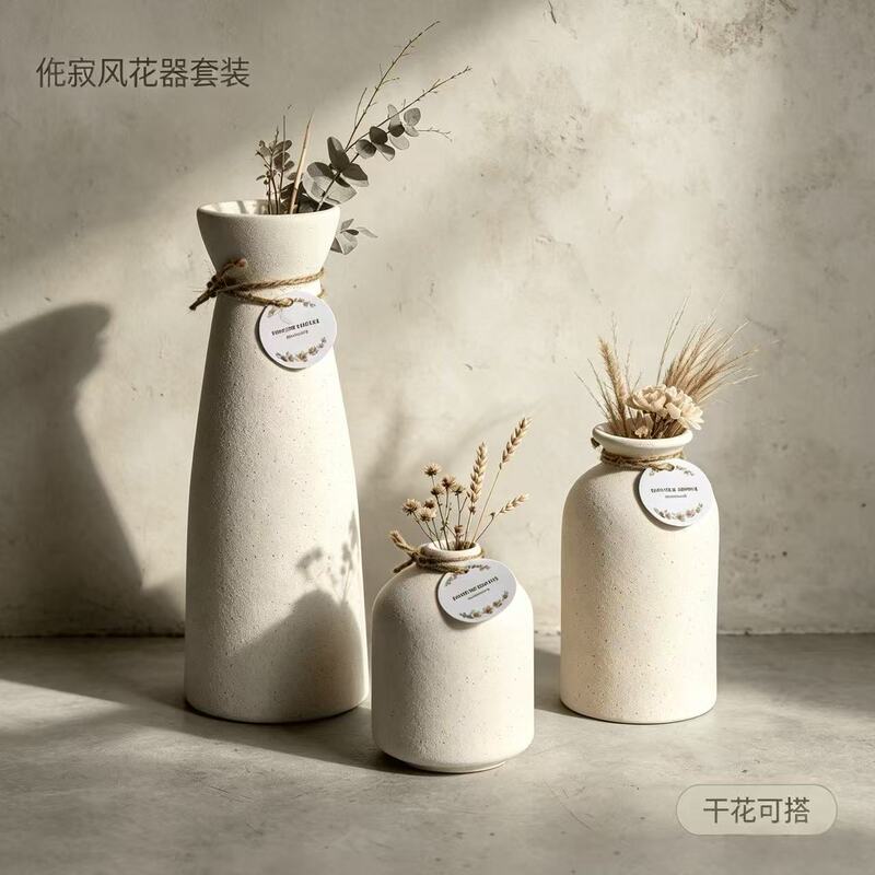 Wabi-sabi vintage rustic ceramic vase three-piece set home decor gift homestay coffee shop dry flower decorative ornament Wabi-sabi vintage rustic ceramic vase three-piece set home decor gift homestay coffee shop dry flower decorative ornament