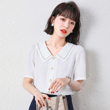实拍雪纺衬衫女士短袖衣香丽影2021新款港味复古娃娃领白色上衣