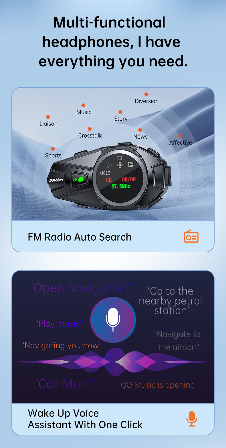 Q68Max Cross-Border Popular Helmet Bluetooth Headset with Mixed Sound Music Sharing, Full-Color Screen, Fm Intercom Helmet Headset