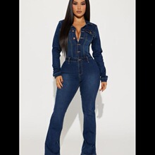 Q 10962 Single Button Denim Jumpsuit ţ�������� �羳����