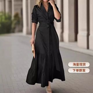 女式法式中长款衬衫裙 春夏气质海边度假连衣裙 欧美跨境女装批发